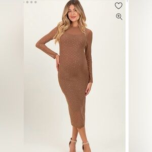 Mocha Rhinestone Mesh Long Sleeve Maternity Midi Dress